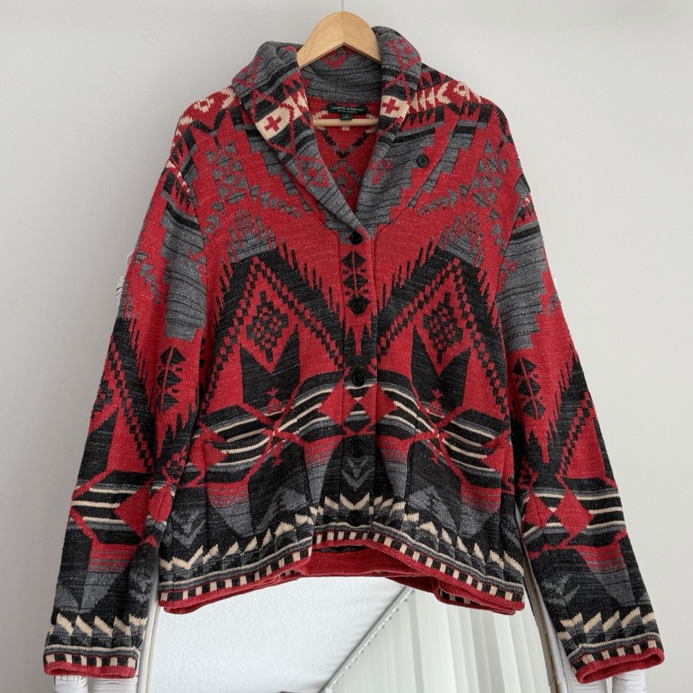 Ralph Lauren Cardigan Womens XL Red Aztec Southwestern Tribal Shawl Sweater